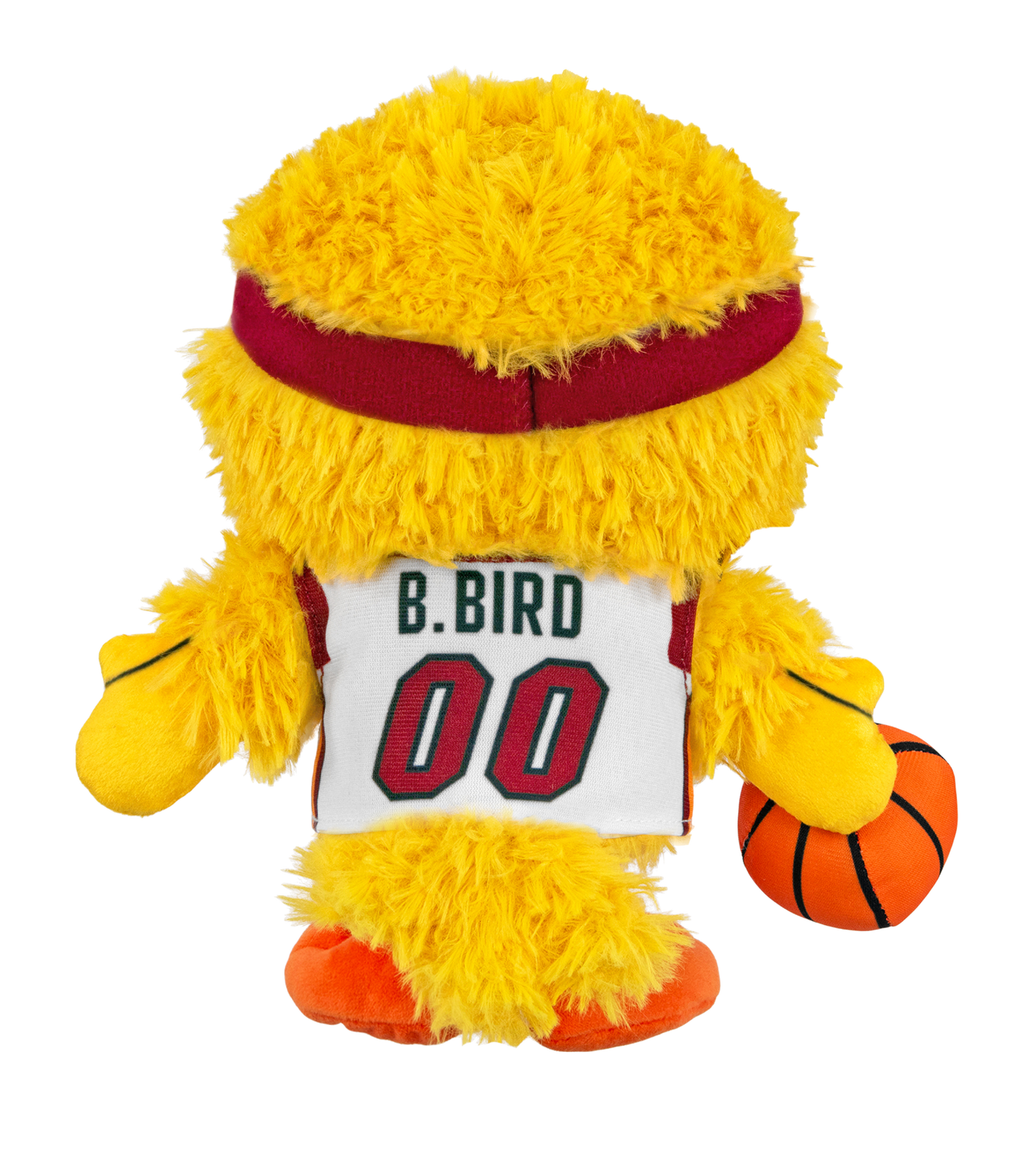 Introducing the Miami HEAT Big Bird Association Plushie by Bleacher Creatures—a yellow, fuzzy stuffed mascot inspired by Big Bird, sporting a maroon headband and a white basketball jersey labeled “B. BIRD 00,” while holding an orange basketball and shown from the back—perfect for any Miami HEAT or Sesame Street enthusiast.