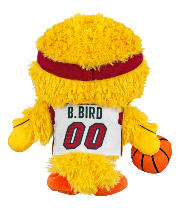 The Bleacher Creatures Miami HEAT Big Bird Association Plushie features the beloved yellow Sesame Street character dressed in a maroon headband, white HEAT 00 basketball jersey, pink-striped socks, and holding an orange basketball.