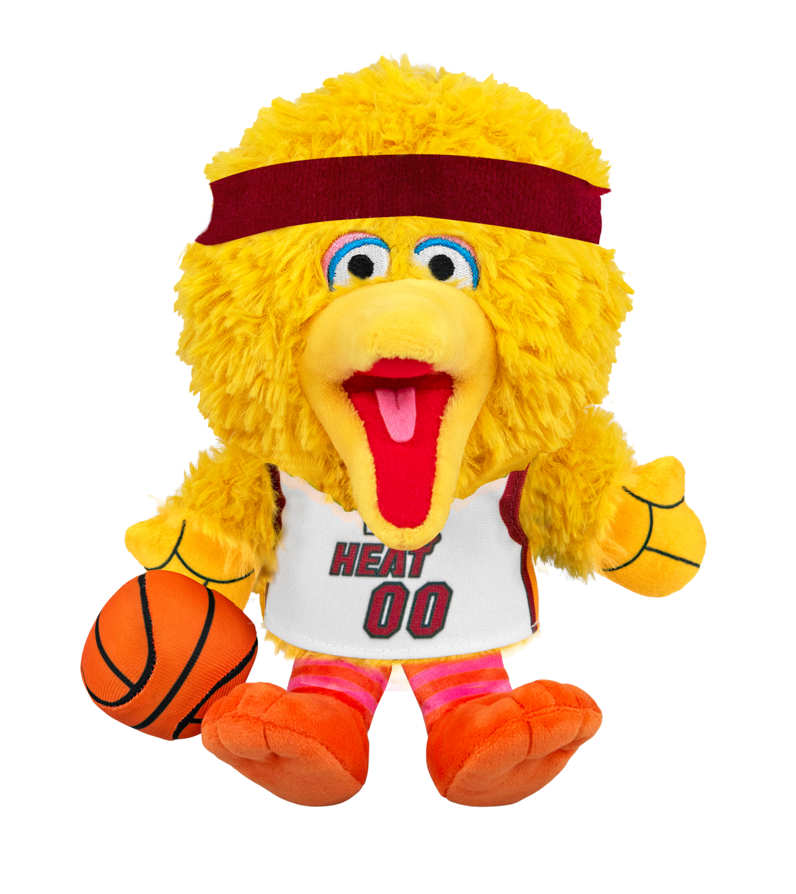 The Miami HEAT Big Bird Association Plushie by Bleacher Creatures features a plush yellow bird designed to resemble Big Bird from Sesame Street, dressed in a red headband and an official Miami HEAT jersey with “HEAT 00,” and holding an orange basketball. With its wide open beak and bright orange feet, this plush captures playful team spirit.
