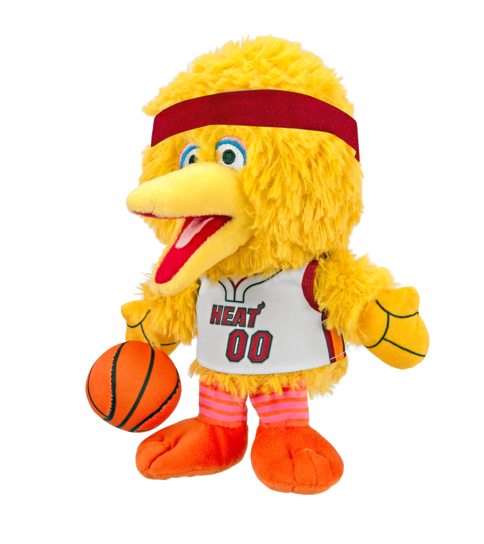 The Miami HEAT Big Bird Association Plushie by Bleacher Creatures features a yellow plush bird inspired by Sesame Street, dressed in a white Miami HEAT basketball jersey with “HEAT 00,” a red headband, orange socks, and holding a basketball.