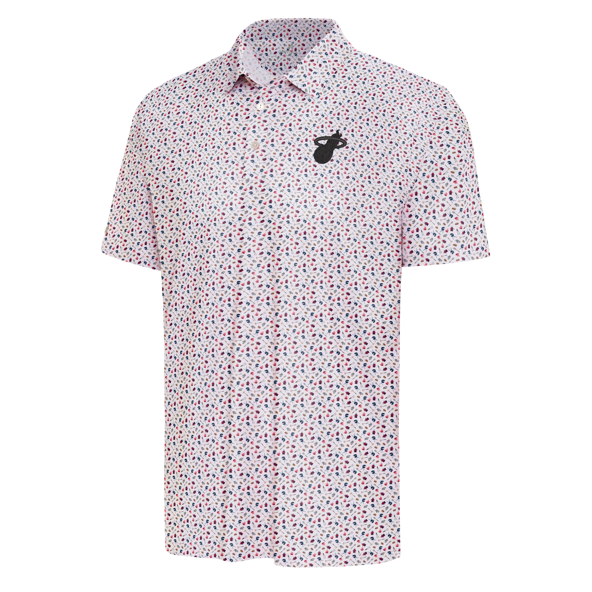 The Antigua Miami HEAT BBQ Polo by Antigua is a short-sleeved, button-up white shirt featuring a small multicolored pattern and the Miami Heat logo on the left chest. Made from polyester spandex; machine wash cold for best care.