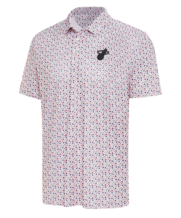 The Antigua Miami HEAT BBQ Polo by Antigua is a short-sleeved, button-up white shirt featuring a small multicolored pattern and the Miami Heat logo on the left chest. Made from polyester spandex; machine wash cold for best care.
