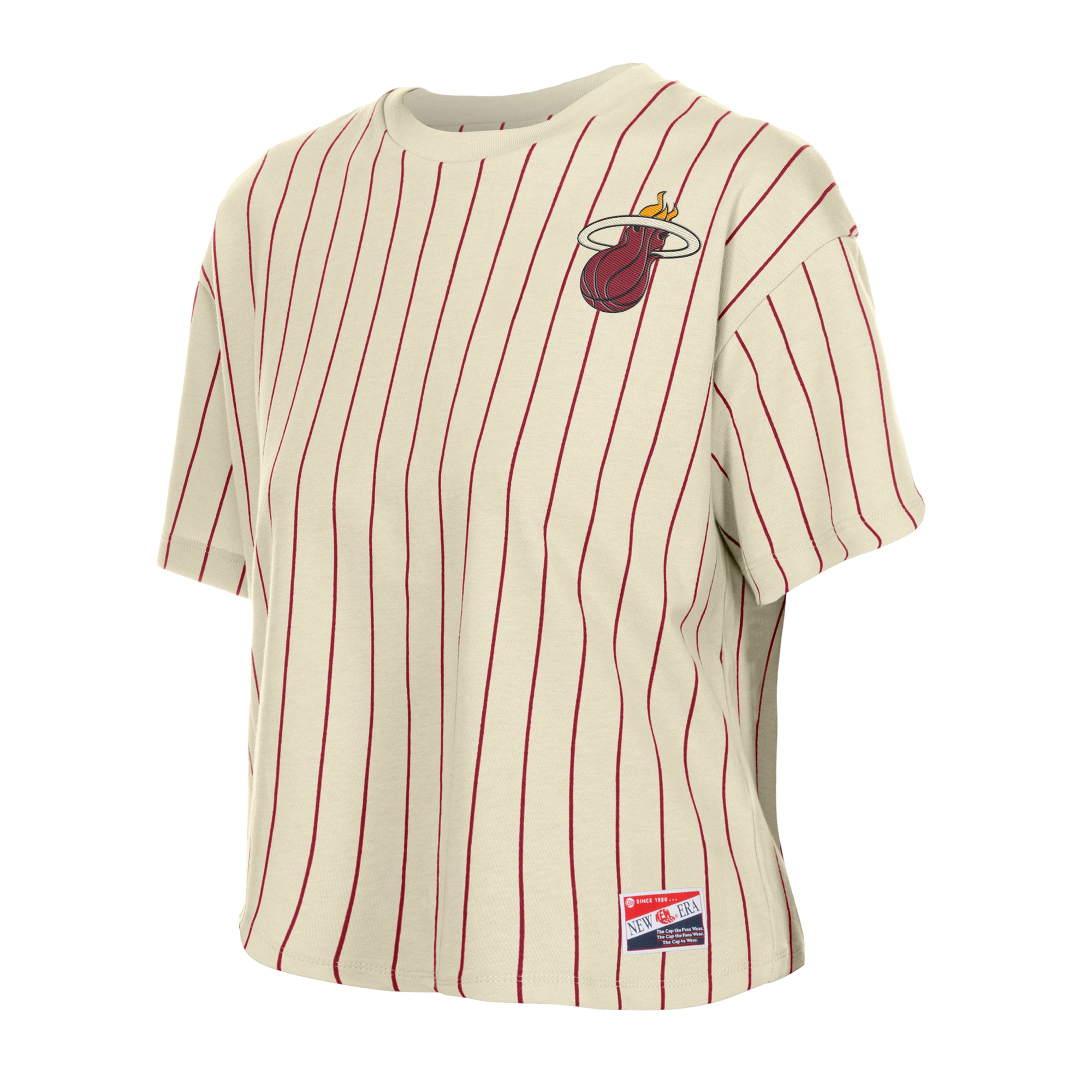 The New Era Miami HEAT Stripe Logo Women's Crop Top features cream fabric with red pinstripes, a Miami Heat logo on the left chest, and an NBA tag at the hem. Made of cotton-polyester in a relaxed cropped fit. Machine wash cold recommended.