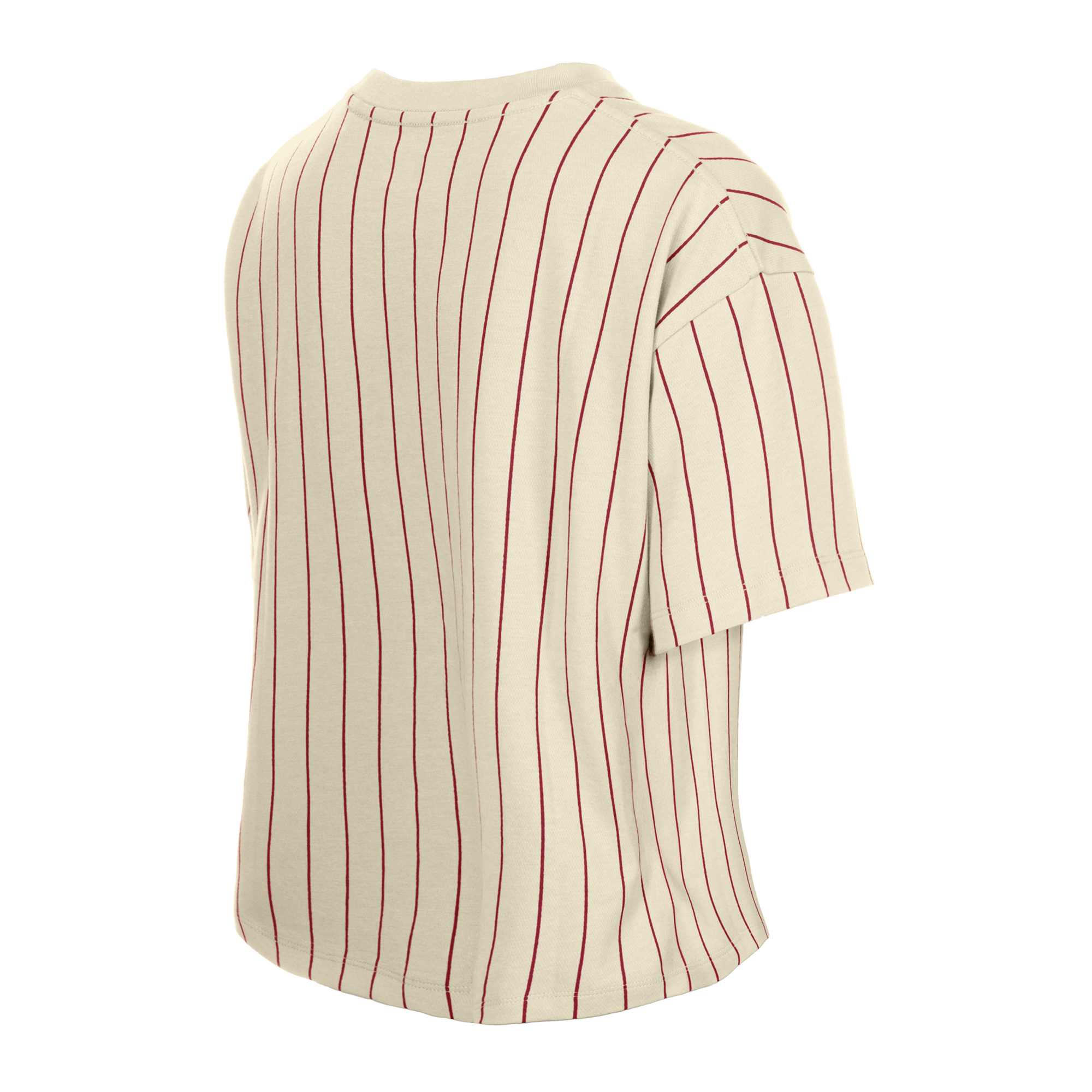 The New Era Miami HEAT Stripe Logo Women's Crop Top features thin vertical red stripes on beige, a relaxed cropped fit in cotton-polyester blend, and is shown from the back at an angle against a white background.