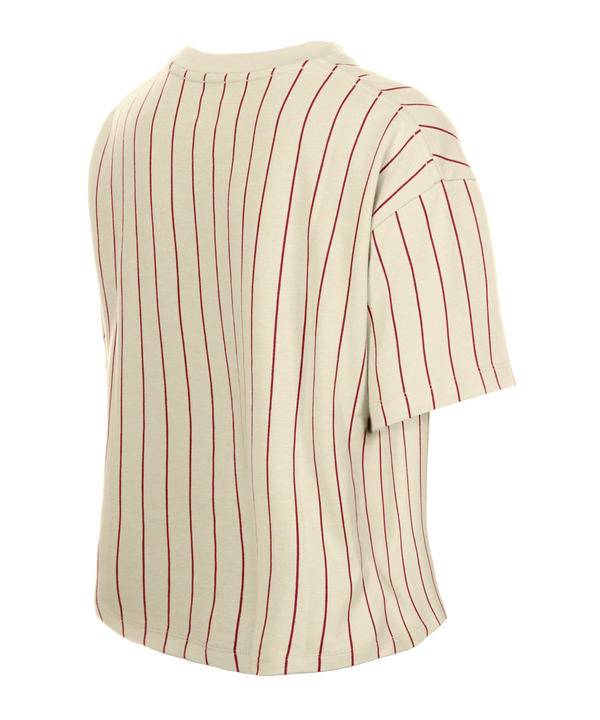 The New Era Miami HEAT Stripe Logo Women's Crop Top features cream fabric with red pinstripes, a Miami Heat logo on the left chest, and an NBA tag at the hem. Made of cotton-polyester in a relaxed cropped fit. Machine wash cold recommended.