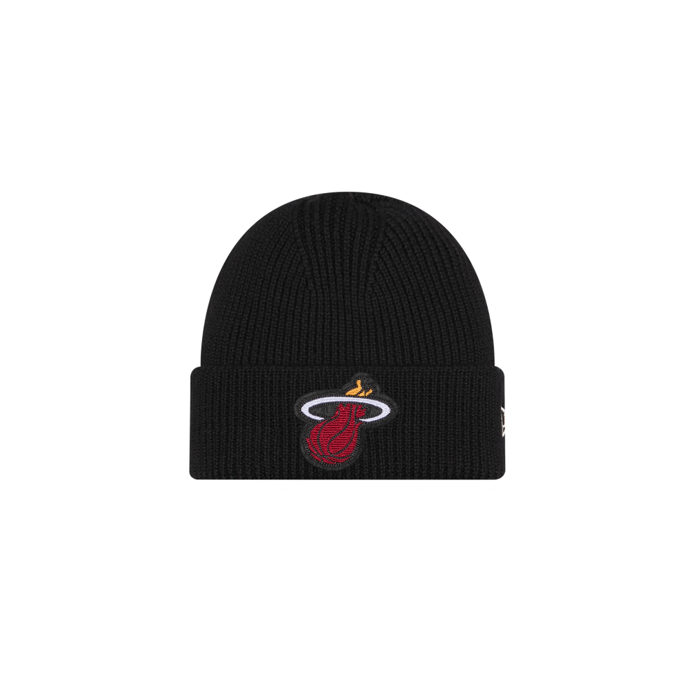 The New Era Miami HEAT Black Beanie is a soft Merino Wool knit hat with the flaming basketball logo on the front cuff. One size fits most. Shown against a white background.