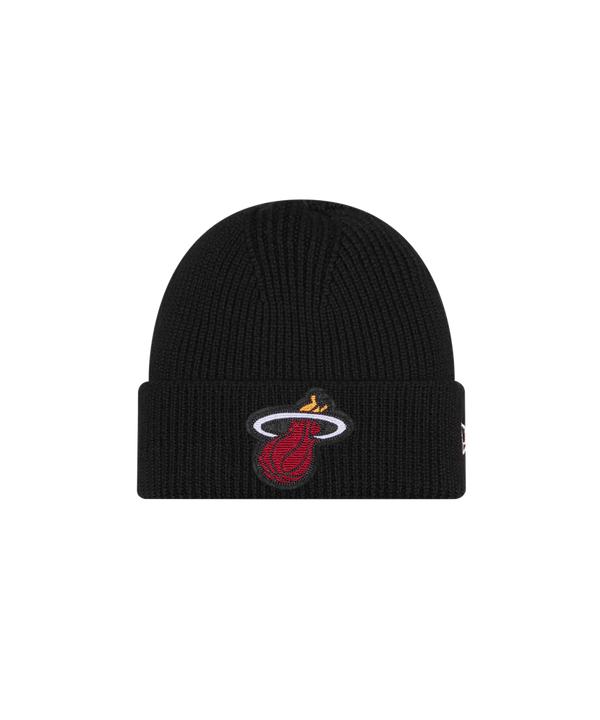 The New Era Miami HEAT Black Beanie is a soft Merino Wool knit hat with the flaming basketball logo on the front cuff. One size fits most. Shown against a white background.