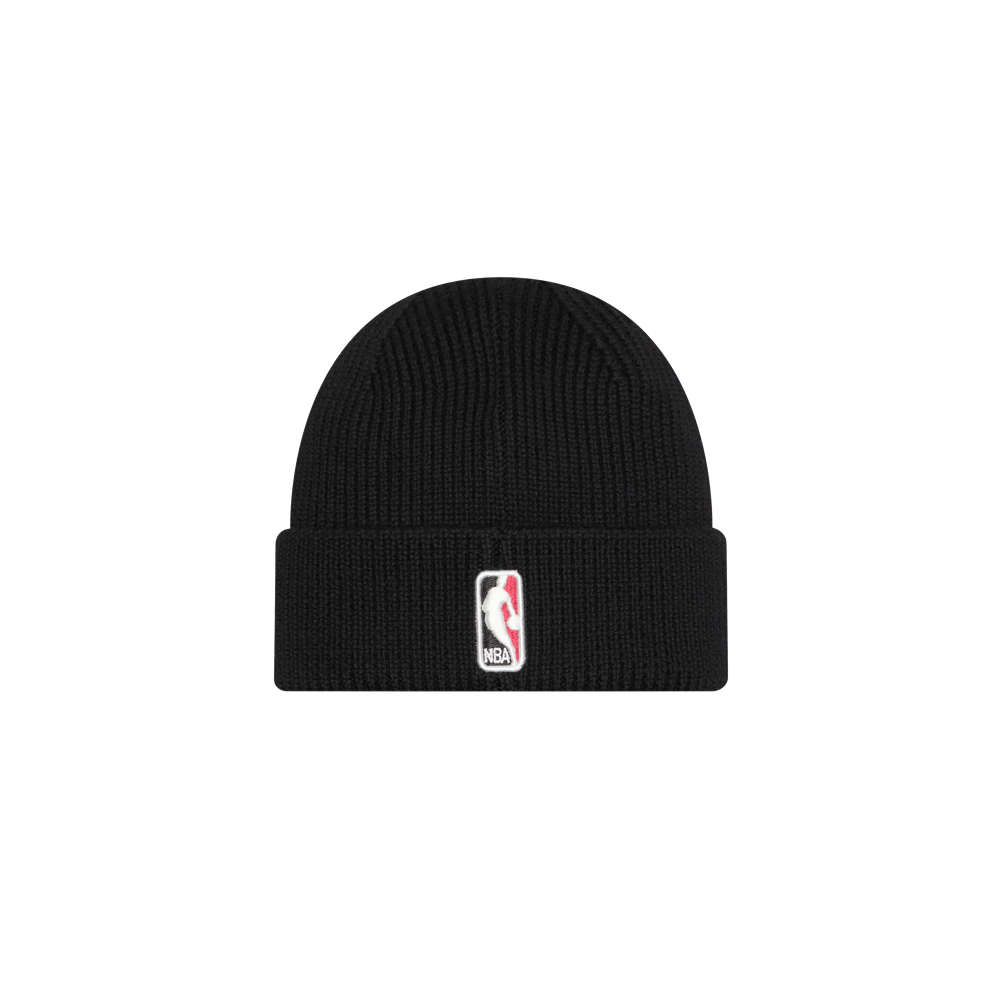 The New Era Miami HEAT Black Beanie, made of Merino Wool, features a folded brim and NBA logo patch on the front. One size fits most. Displayed on a plain white background.