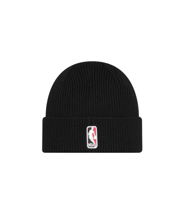 The New Era Miami HEAT Black Beanie is a soft Merino Wool knit hat with the flaming basketball logo on the front cuff. One size fits most. Shown against a white background.