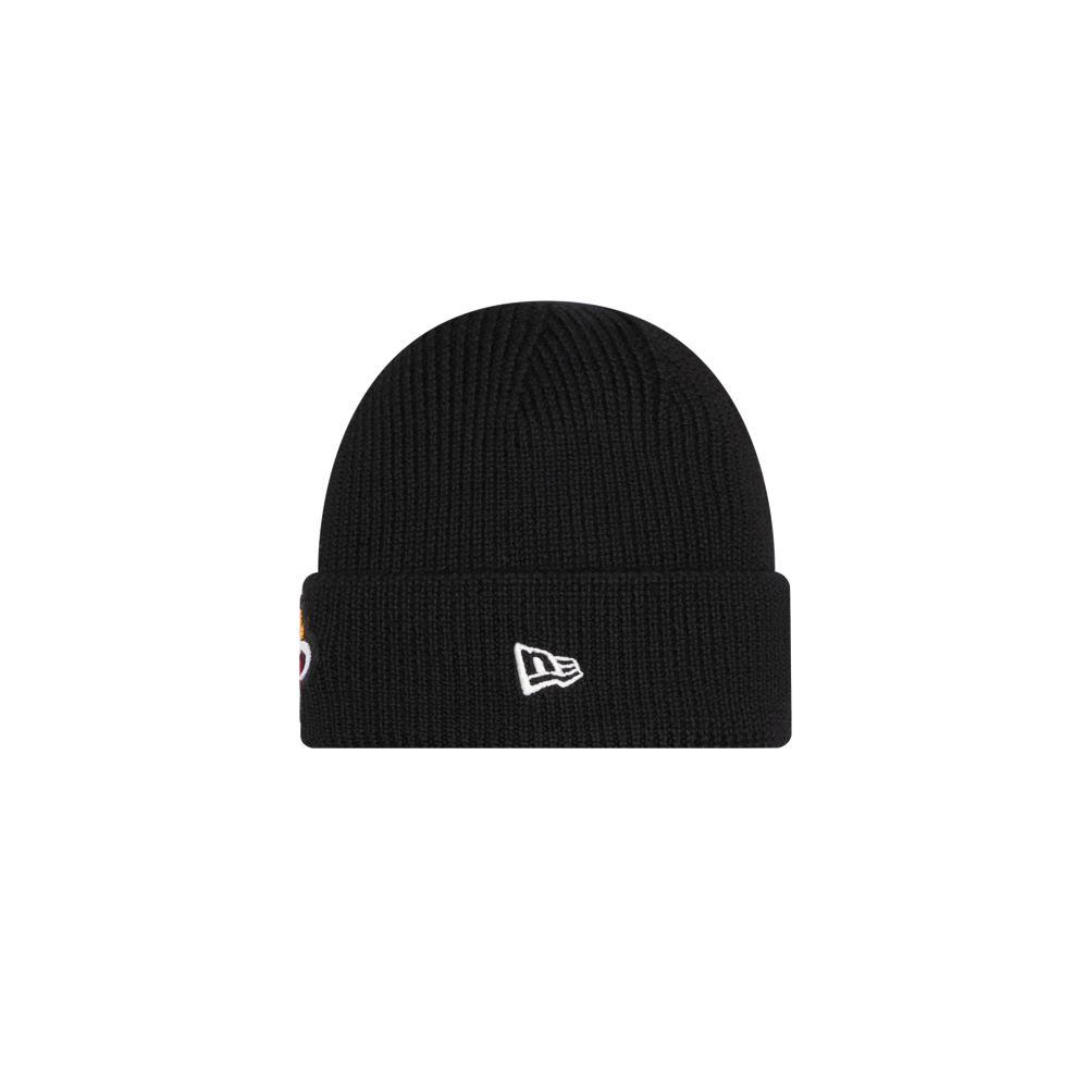 The New Era Miami HEAT Black Beanie is crafted from soft Merino Wool with a folded brim and a small white embroidered logo. One size fits most. Spot clean for best care. Photographed on a plain white background.