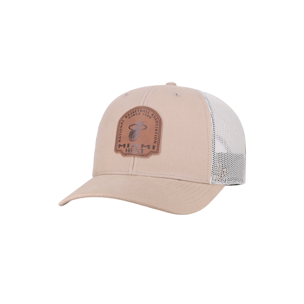 The ’47 Brand Miami HEAT Bonehide Patch Trucker Snapback features a beige cotton front panel, white polyester mesh backing, a curved brim, and a brown leather Miami Heat patch on the front. This ’47 Brand cap comes in one size that fits most for comfortable everyday wear.