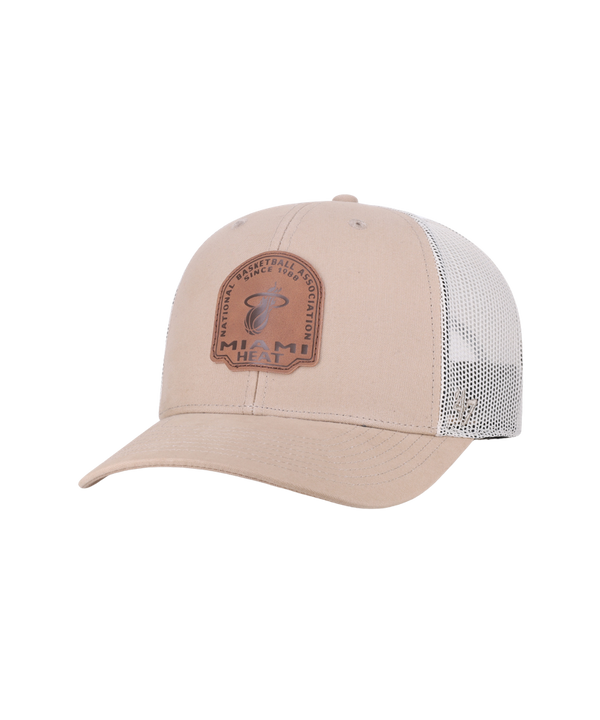 The ’47 Brand Miami HEAT Bonehide Patch Trucker Snapback features a beige cotton front panel, white polyester mesh backing, a curved brim, and a brown leather Miami Heat patch on the front. This ’47 Brand cap comes in one size that fits most for comfortable everyday wear.