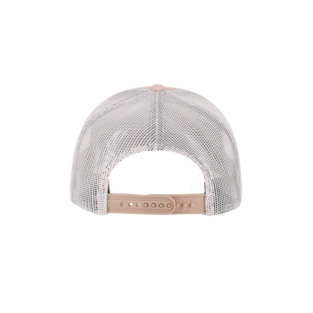 Back view of the ’47 Brand Miami HEAT Bonehide Patch Trucker Snapback, a white mesh baseball cap featuring a polyester back panel and adjustable beige snapback closure, paired with a cotton front panel, displayed against a plain white background. One size fits most.