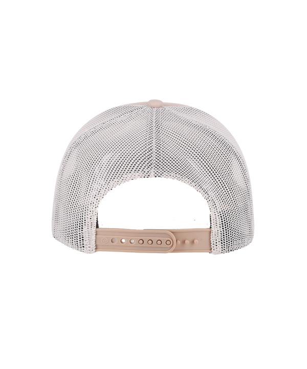 The ’47 Brand Miami HEAT Bonehide Patch Trucker Snapback features a beige cotton front panel, white polyester mesh backing, a curved brim, and a brown leather Miami Heat patch on the front. This ’47 Brand cap comes in one size that fits most for comfortable everyday wear.
