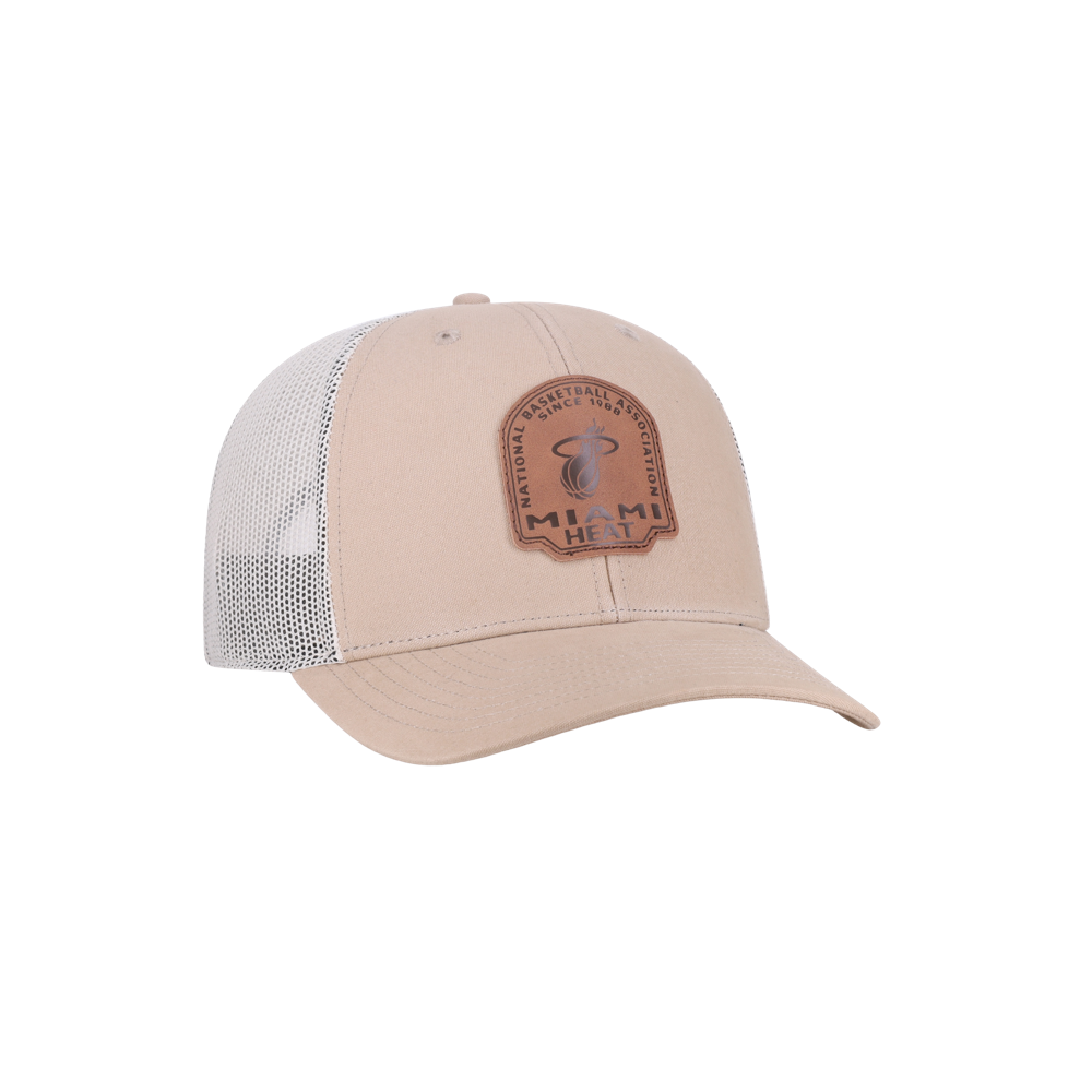 The ’47 Brand Miami HEAT Bonehide Patch Trucker Snapback features a beige and white mesh design with a brown Miami Heat patch on the front. It includes a cotton front panel, polyester mesh back panels for ventilation, a curved bill, and an adjustable snapback closure. One size fits most.