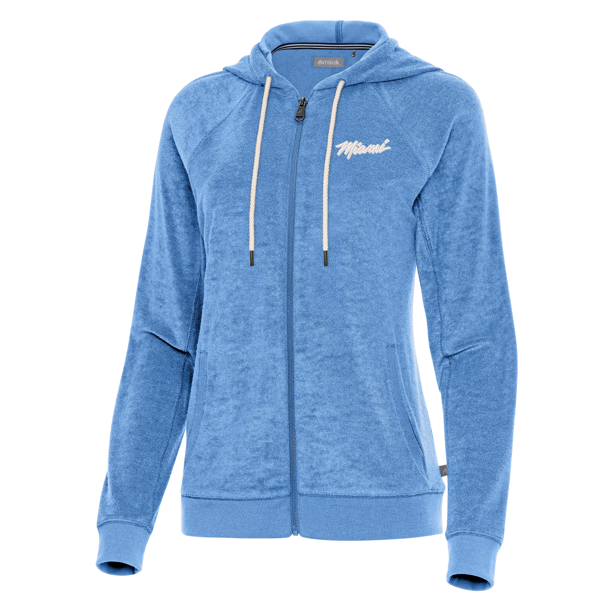 The Antigua Miami HEAT Original Vice Nights Women's Zip Up Jacket is a light blue hoodie with a hood, white drawstrings, and 