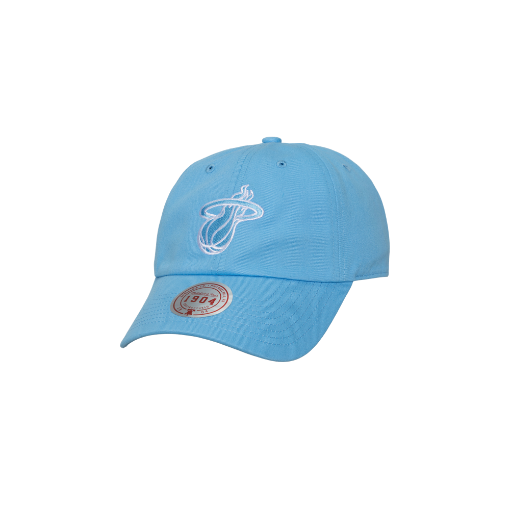 The Mitchell & Ness Miami HEAT Blue Logo Adjustable Hat features a light blue cotton design, white embroidered logo on the front, and a 