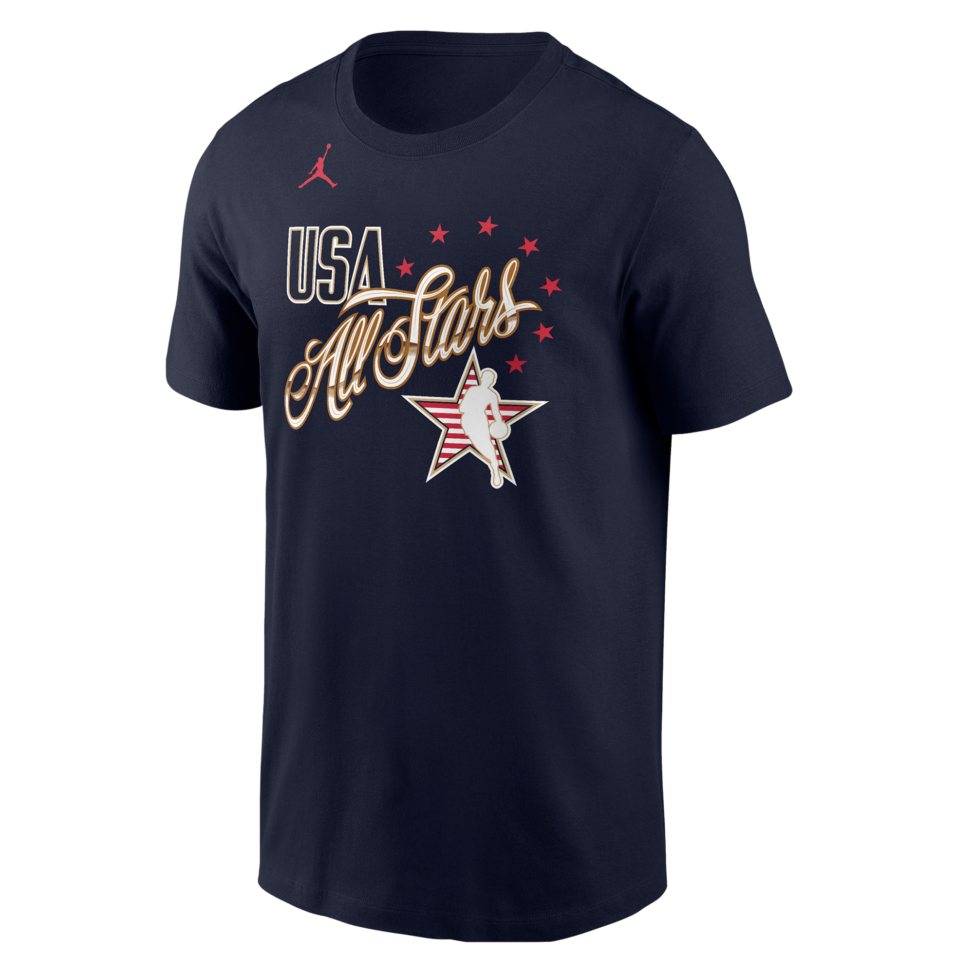The Nike Norman Powell Jordan Brand 2026 NBA All-Star Name & Number Tee is a navy cotton shirt with USA All Stars text, red and white star graphics, a basketball silhouette, and Jumpman logo; screen print design; machine wash cold.