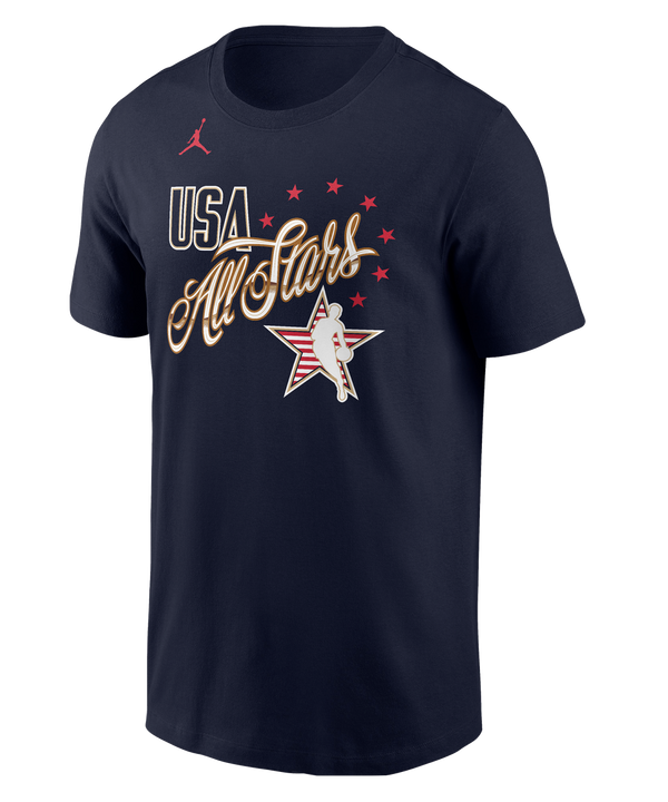 The Nike Norman Powell Jordan Brand 2026 NBA All-Star Name & Number Tee is a navy cotton shirt with USA All Stars text, red and white star graphics, a basketball silhouette, and Jumpman logo; screen print design; machine wash cold.