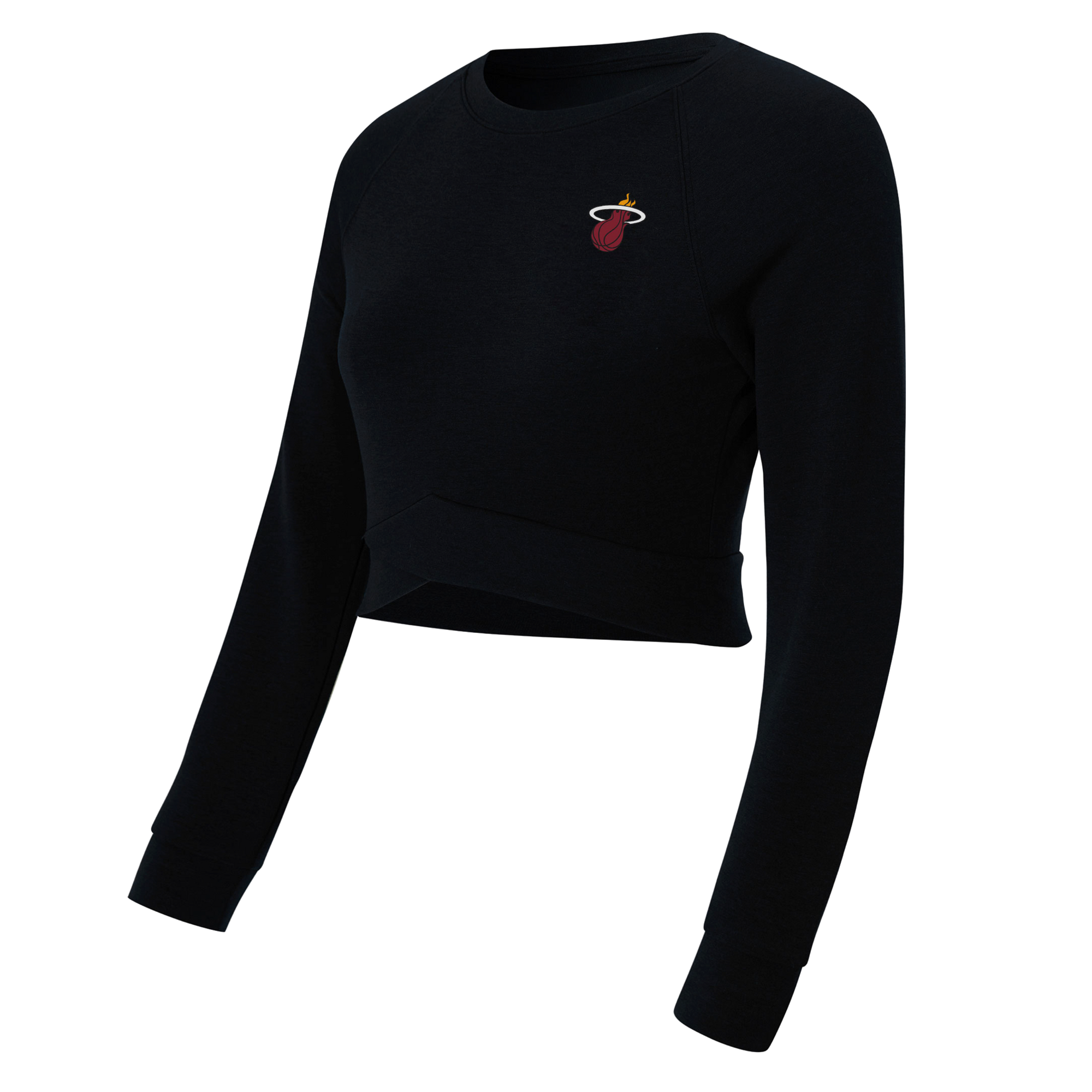 The Concepts Sports Miami HEAT Palisade Crop Top is a black long-sleeve sweatshirt with a cropped fit and basketball logo on the left chest, perfect for fashionable fans. Displayed on a plain white background.