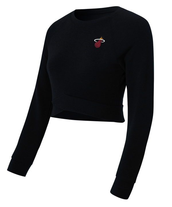 The Concepts Sports Miami HEAT Palisade Crop Top is a black long-sleeve sweatshirt with a cropped fit and basketball logo on the left chest, perfect for fashionable fans. Displayed on a plain white background.