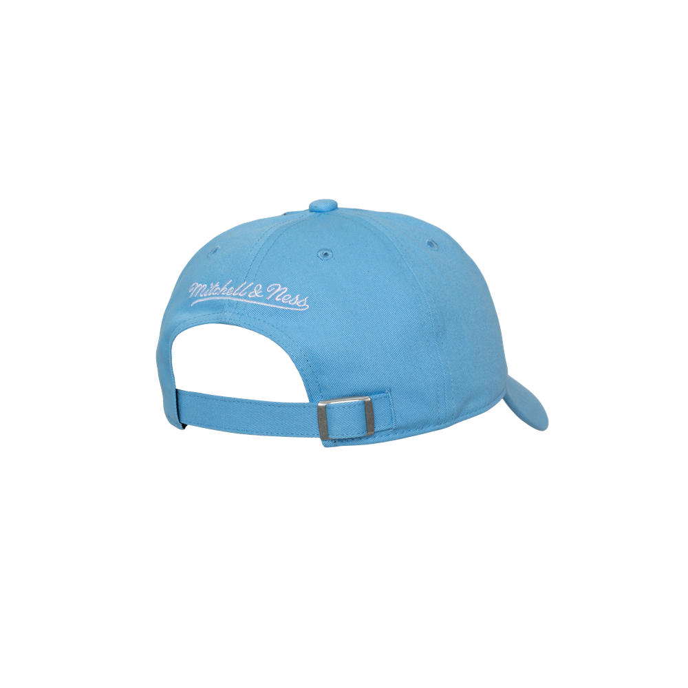 The Mitchell & Ness Miami HEAT Blue Logo Adjustable Hat features white embroidered text, a back view with an adjustable strap and metal buckle. Light blue cotton; one size fits most. Spot clean for best care.