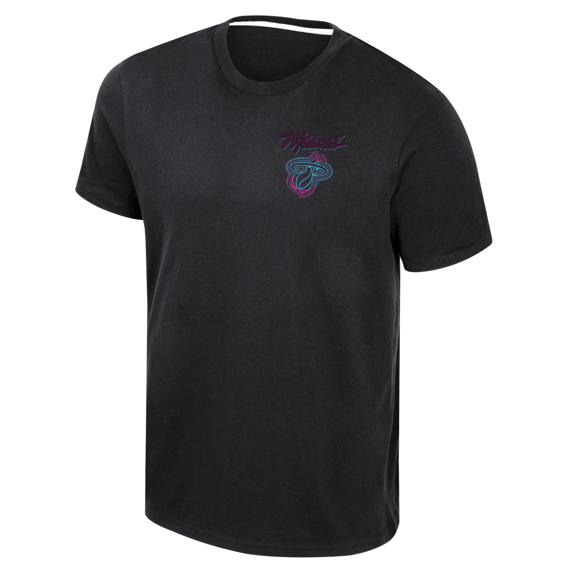 Black Miami HEAT t-shirt with short sleeves and retro neon logo on chest. - Stadium Essentials Miami HEAT Original Vice Venue Tee