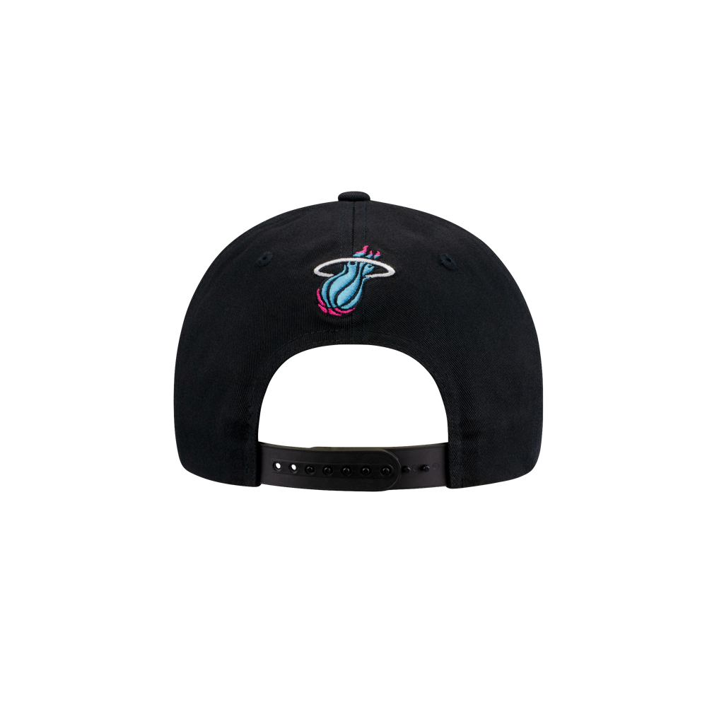 The image shows the back of a black Miami HEAT Original Vice Nights Snapback by Item Of The Game, featuring an adjustable snap closure and embroidered team logo in pink, blue, and white. Spot clean only; one size fits most.