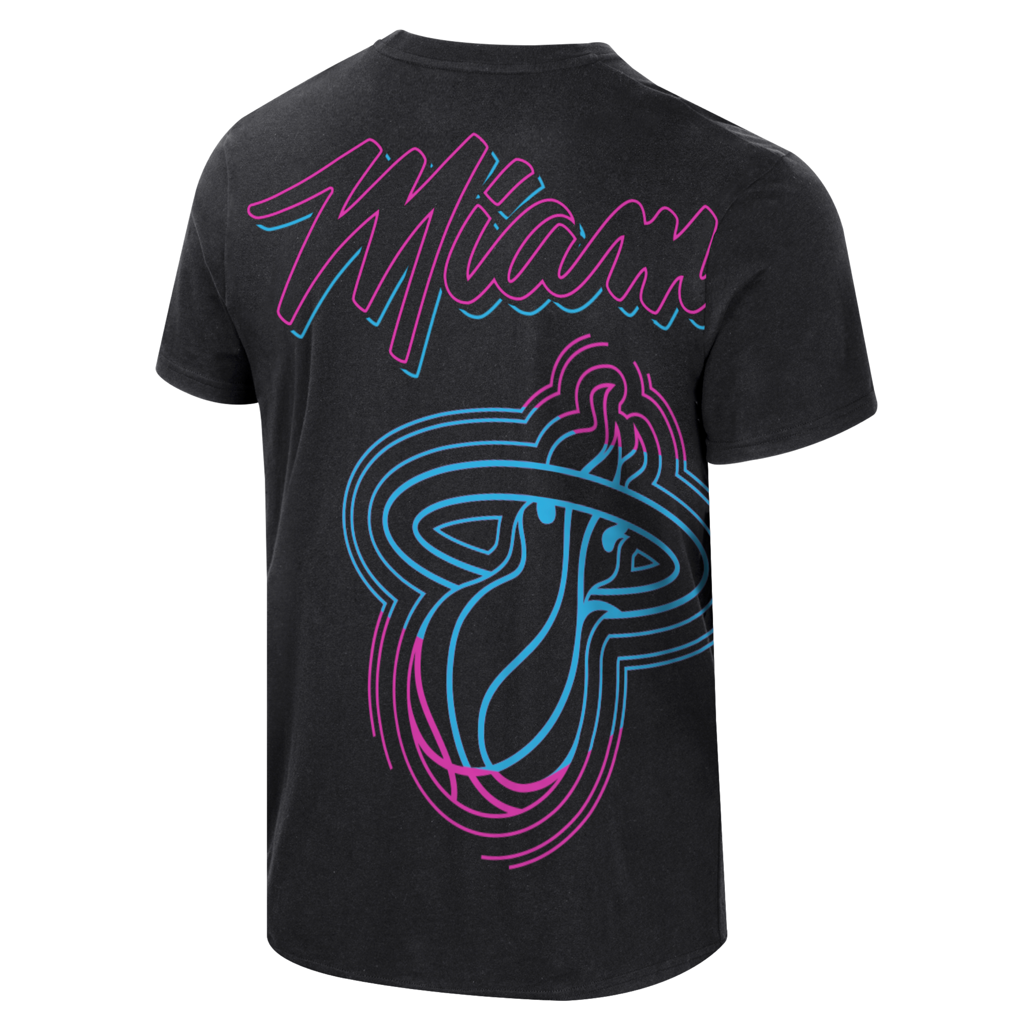 Black Miami HEAT Original Vice Venue tee with purple and blue neon-style logo and text. - Stadium Essentials Miami HEAT Original Vice Venue Tee