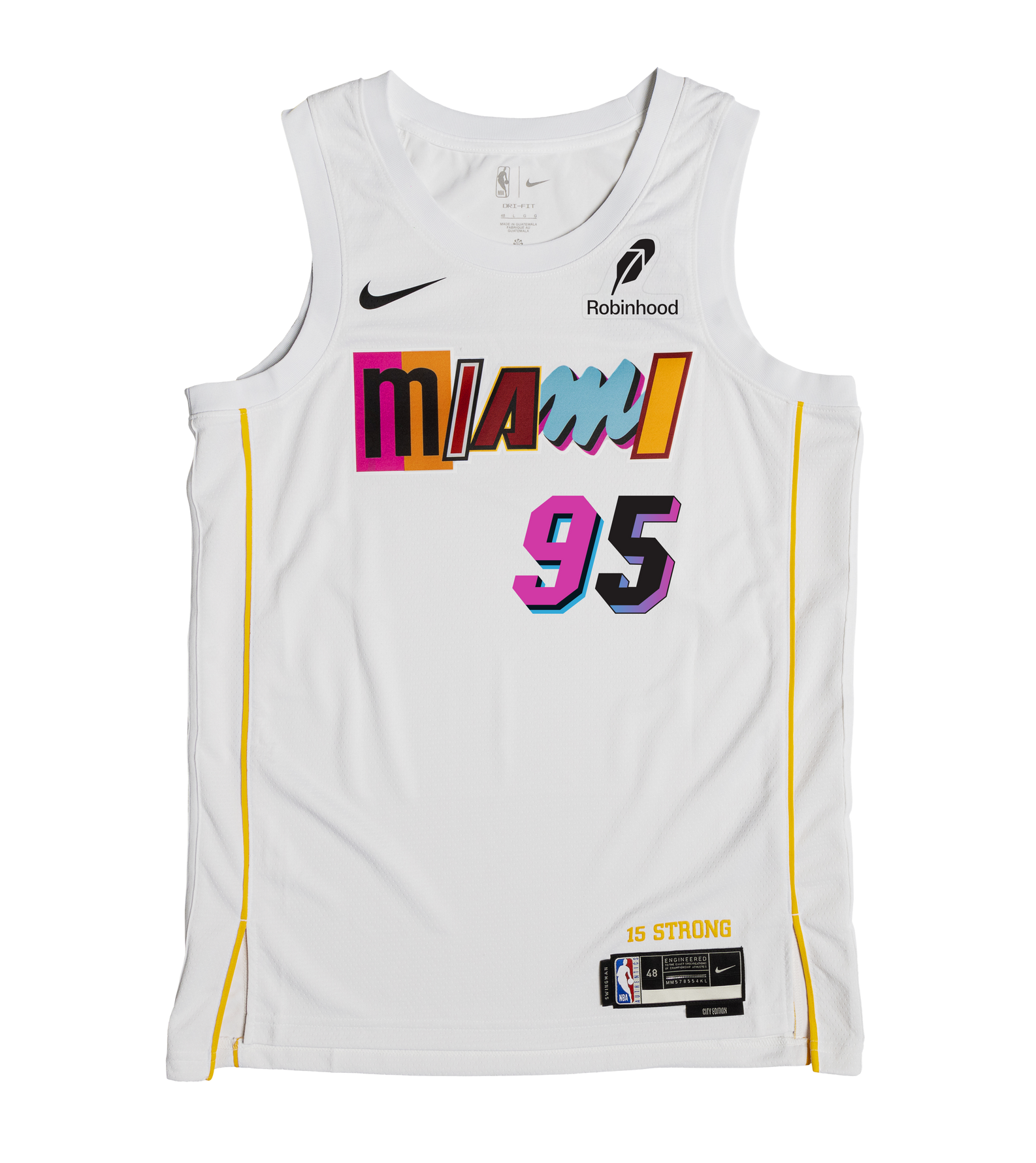 The Bobby Portis Jr. Nike Miami Mashup Vol. 2 Swingman Jersey is a white Nike Dri-FIT jersey with authentic logos, colorful mismatched Miami text, number 95 in pink and blue, yellow side stripes, and a Robinhood sponsor logo on the chest.