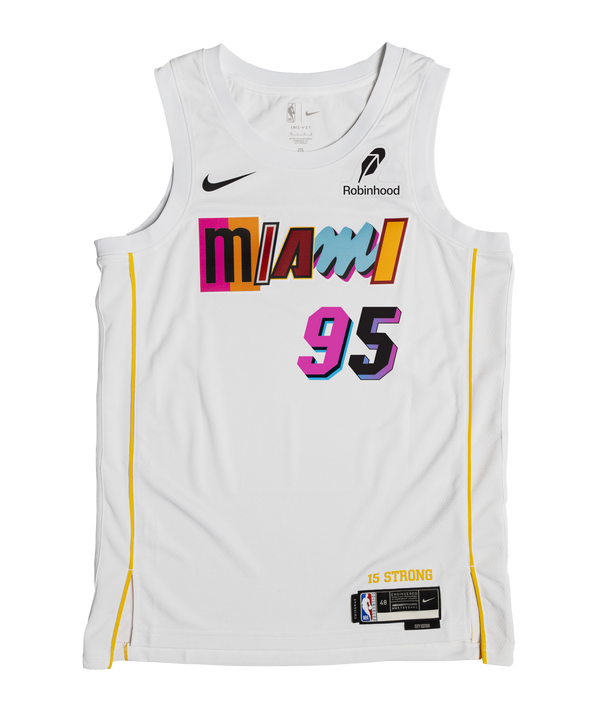 The Bobby Portis Jr. Nike Miami Mashup Vol. 2 Swingman Jersey is a white Nike Dri-FIT jersey with authentic logos, colorful mismatched Miami text, number 95 in pink and blue, yellow side stripes, and a Robinhood sponsor logo on the chest.