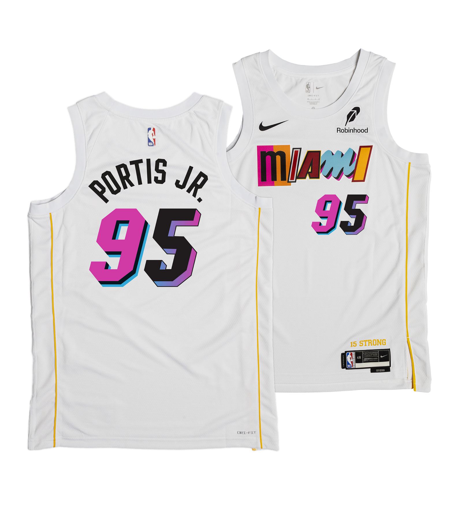The Nike Bobby Portis Jr. Miami Mashup Vol. 2 Swingman Jersey features a white design with colorful “miami” and “95” front graphics, 