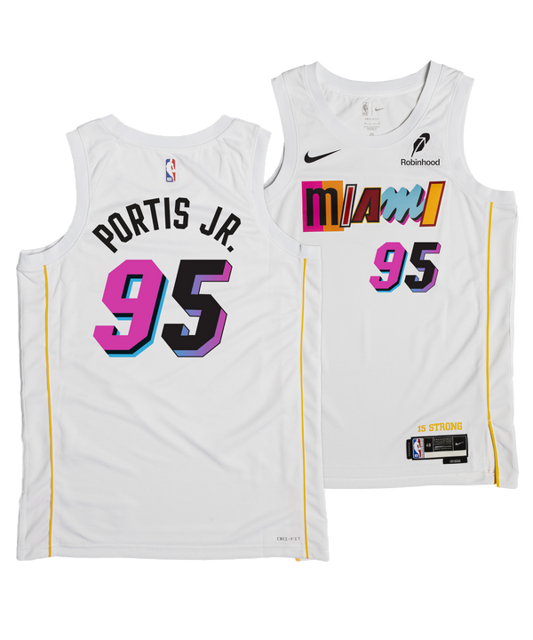 The Bobby Portis Jr. Nike Miami Mashup Vol. 2 Swingman Jersey is a white Nike Dri-FIT jersey with authentic logos, colorful mismatched Miami text, number 95 in pink and blue, yellow side stripes, and a Robinhood sponsor logo on the chest.