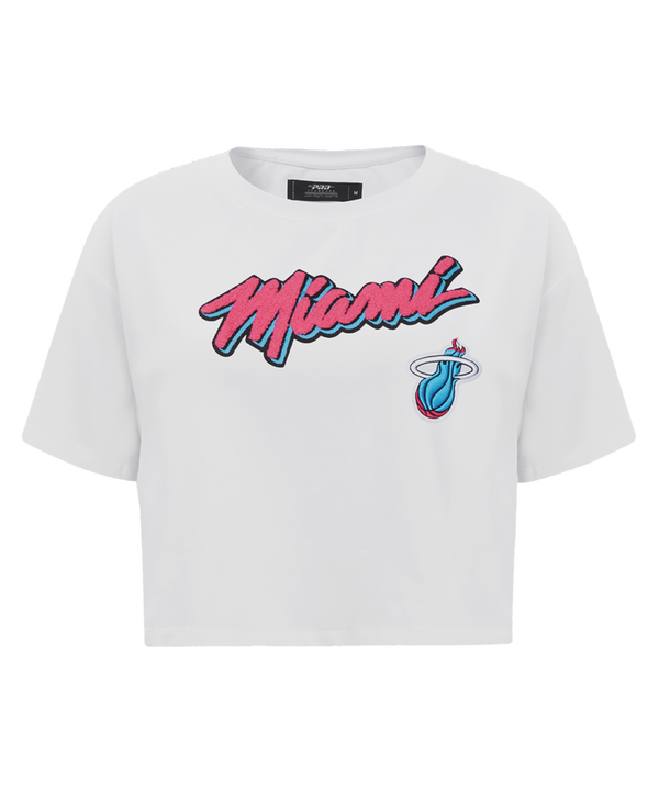 White boxy crop tee with pink and blue 
