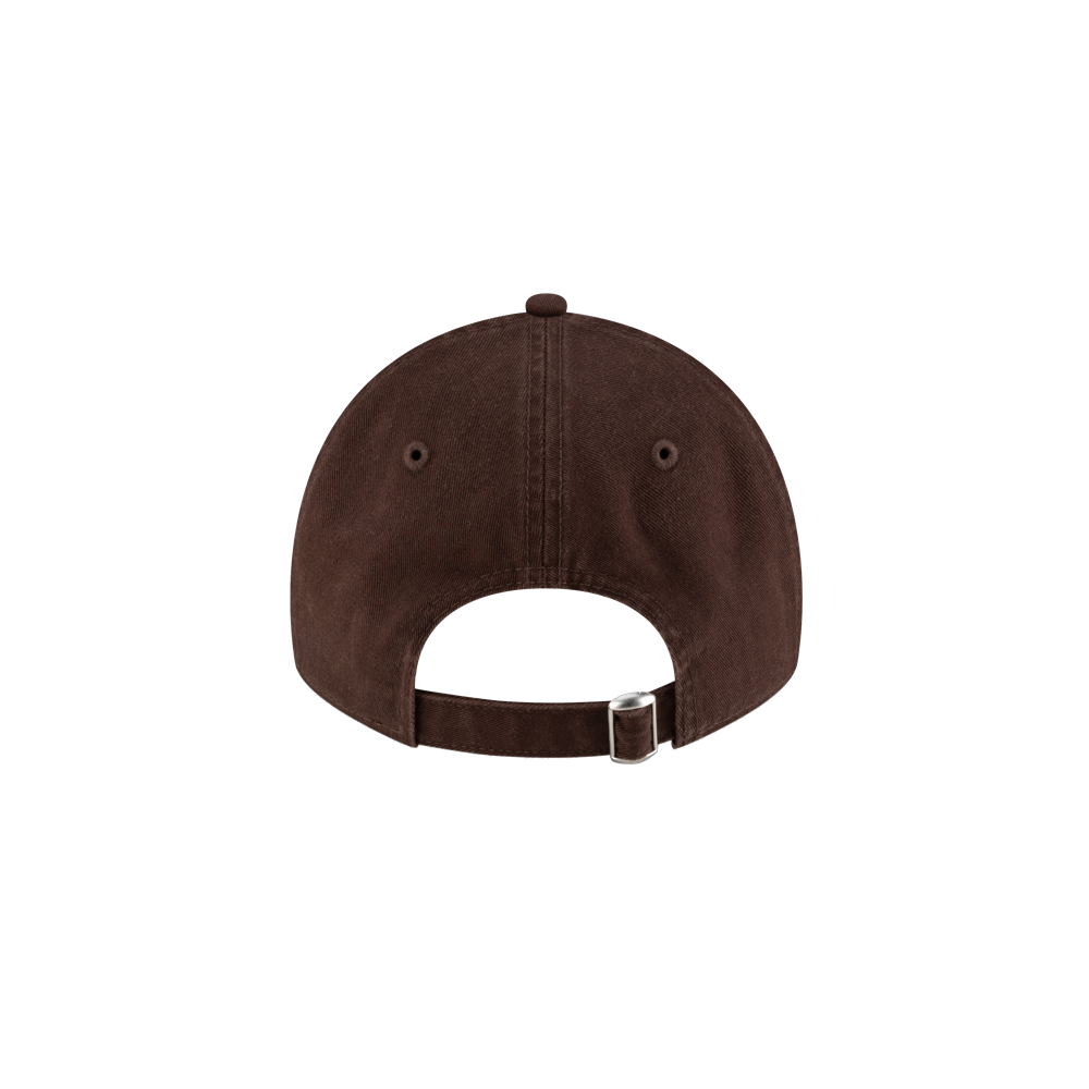 The Court Culture Ball & Flame Chocolate Dad Hat is shown from the back with an adjustable strap and metal clasp, two stitched eyelets per side, and a plain white background. One size fits most. Spot clean only.