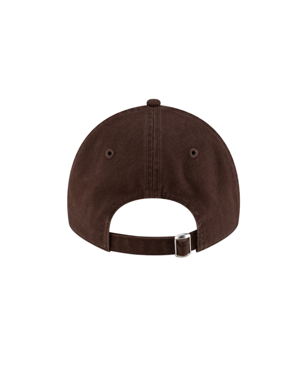 The Court Culture Ball & Flame Chocolate Dad Hat features a brown cotton build, embroidered Miami Heat logo, curved brim, adjustable back strap, and a one-size-fits-most design. Spot clean for best care.