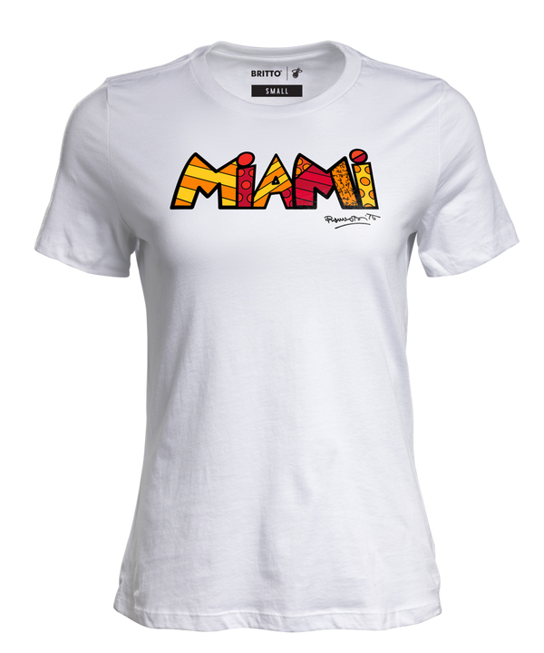 White women's tee with colorful 