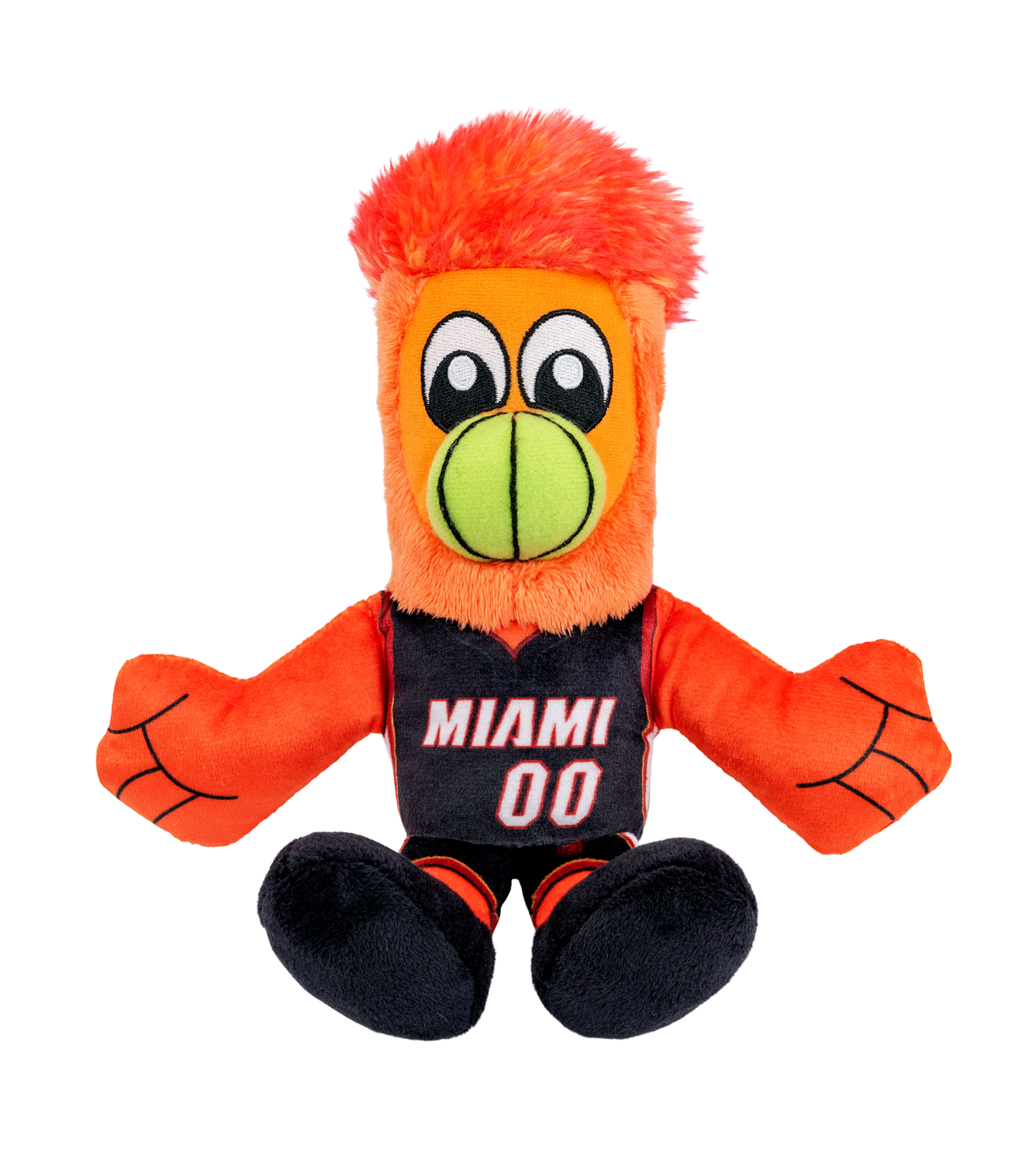 Bring home the Miami HEAT Burnie Icon Chibi Plushie by Bleacher Creatures—a huggable plush mascot featuring an orange body, fuzzy red hair, green beak, and black MIAMI 00 jersey. Sitting with arms outstretched and black legs, this adorable Kuricha-style plush perfectly captures the team’s beloved mascot.