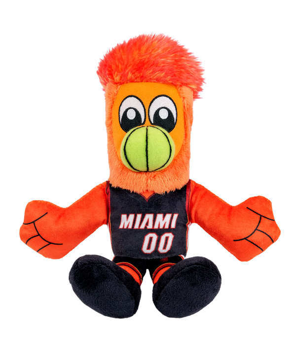 Bring home the Miami HEAT Burnie Icon Chibi Plushie by Bleacher Creatures—a huggable plush mascot featuring an orange body, fuzzy red hair, green beak, and black MIAMI 00 jersey. Sitting with arms outstretched and black legs, this adorable Kuricha-style plush perfectly captures the team’s beloved mascot.