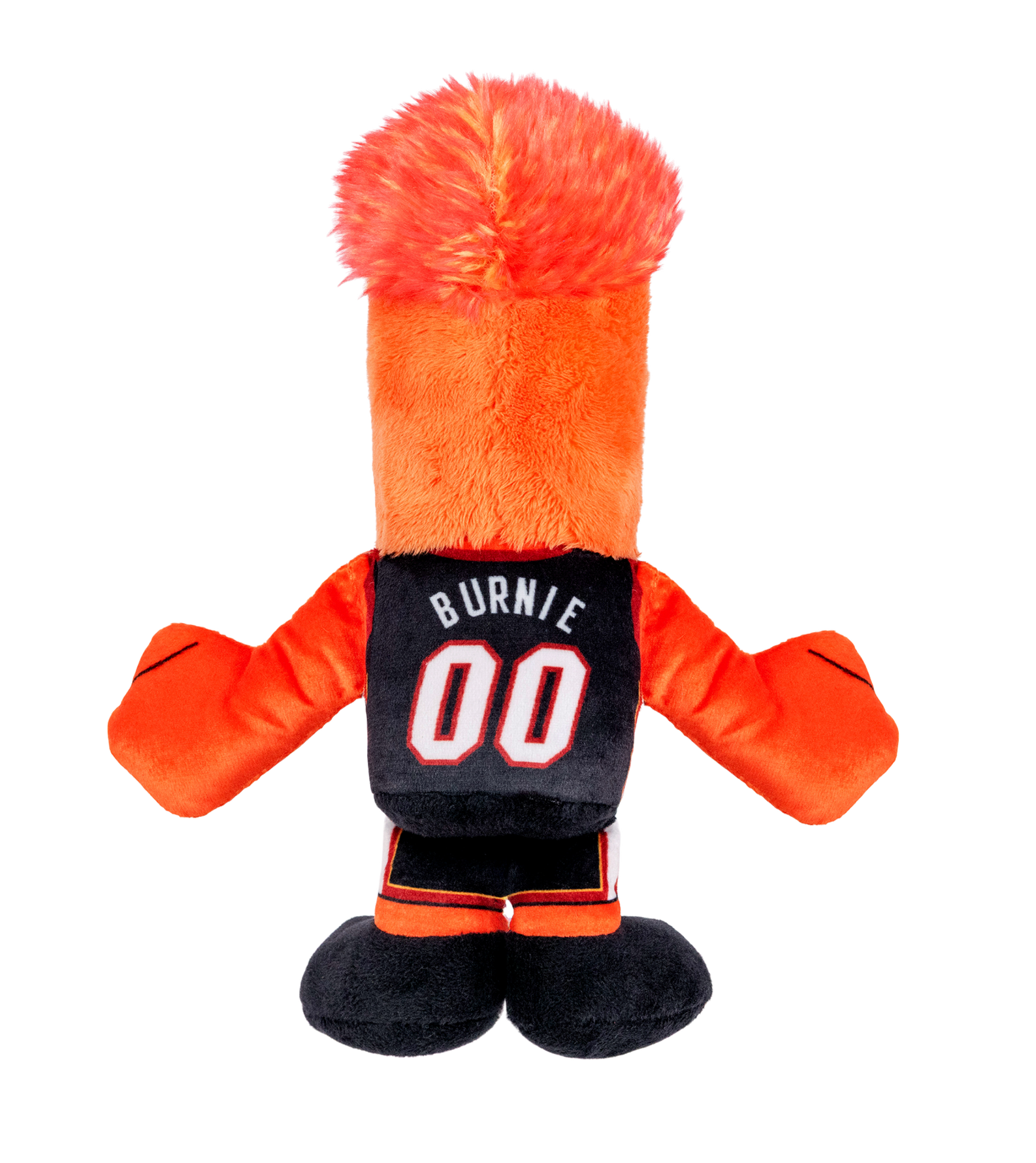 A Miami HEAT Burnie Icon Chibi Plushie by Bleacher Creatures, featuring orange fur and a black “Burnie 00” jersey, stands with its back to the viewer and arms outstretched.
