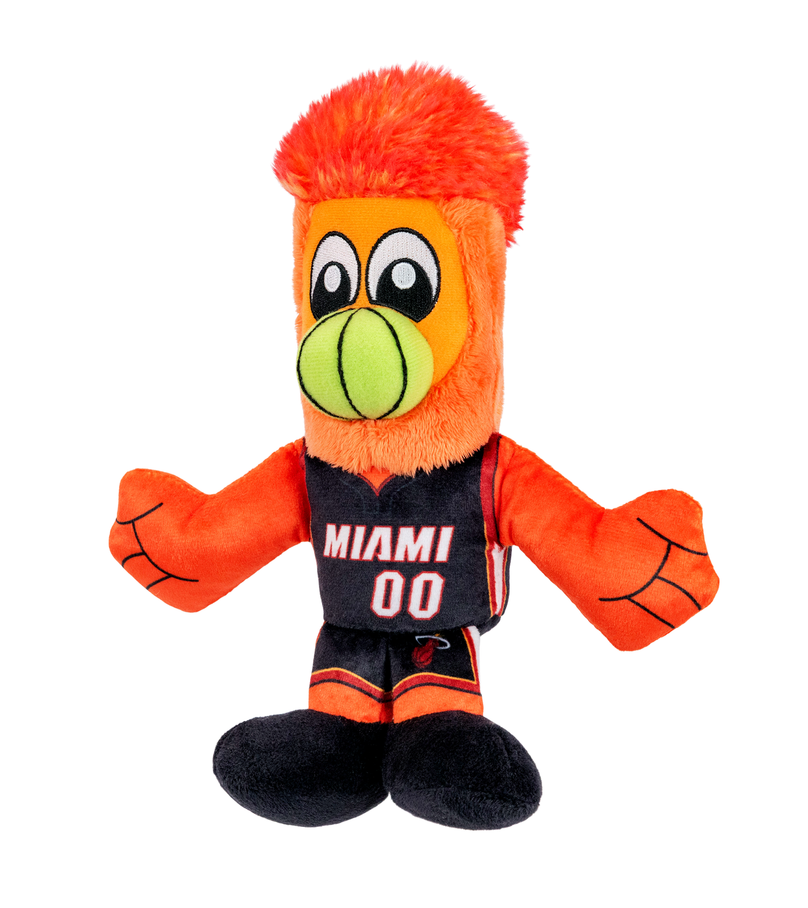 The Bleacher Creatures Miami HEAT Burnie Icon Chibi Plushie features Burnie, the team mascot, with orange fur, a green nose, MIAMI 00 jersey, black shorts, and basketball-patterned hands, displayed on a white background.