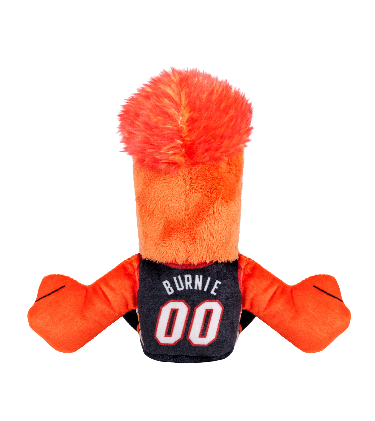 The Bleacher Creatures Miami HEAT Burnie Icon Chibi Plushie is displayed from the back, showcasing orange fur, large orange arms, and a black jersey labeled “BURNIE 00,” all set against a white background.
