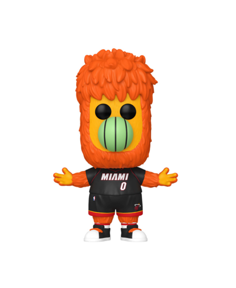Introducing the Burnie Miami HEAT Funko Pop! - GWP by Funko—a 5-inch vinyl figure featuring Burnie, the orange, furry Miami Heat mascot with a green snout. Burnie is dressed in a black Miami Heat jersey with the number 0, matching black shorts and sneakers, and stands with arms open wide. Perfect for collectors ages 3 and up, this collectible is set against a plain white background.