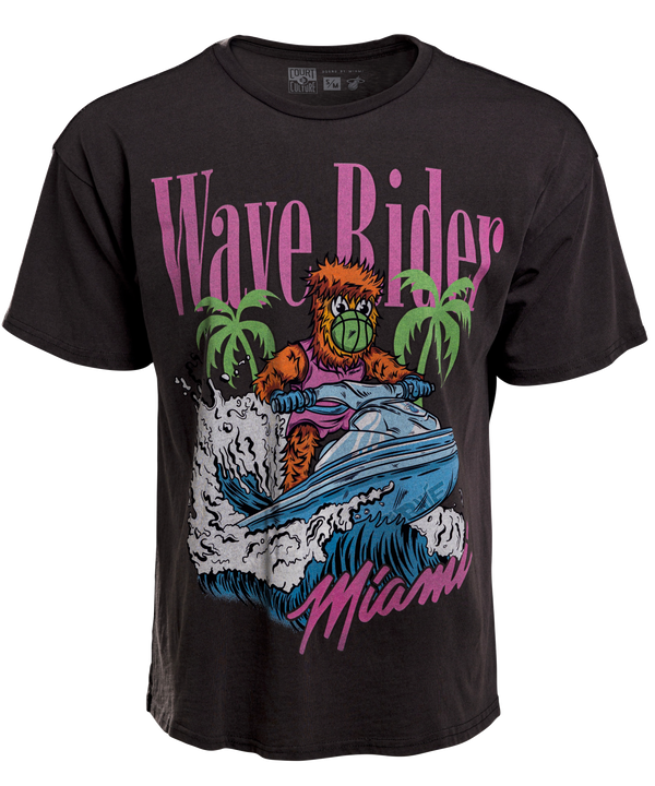 Black oversized unisex tee featuring colorful Miami HEAT Wave Rider graphic with palm trees and wave details. - Court Culture Wave Rider Oversized Unisex Tee