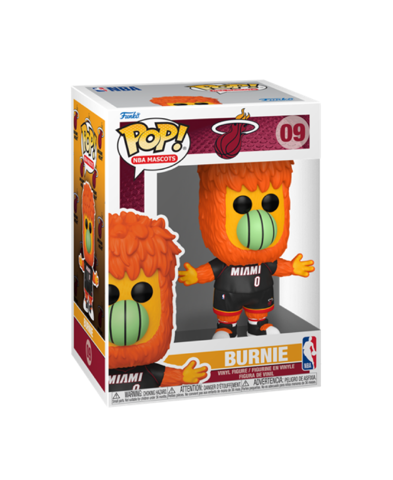 Funko Burnie Miami HEAT Funko Pop! - GWP vinyl figure of Burnie, the Miami Heat mascot, by Funko. This 5-inch collectible comes in its original box and features orange fur, a green face, and a black Miami Heat jersey with the number 0. Suitable for ages 3 and up.