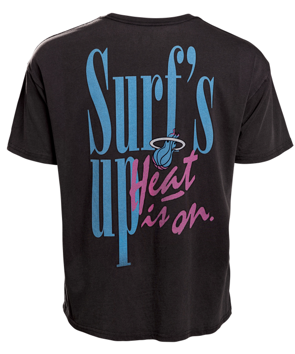 Black oversized unisex tee featuring colorful Miami HEAT Wave Rider graphic with palm trees and wave details. - Court Culture Wave Rider Oversized Unisex Tee