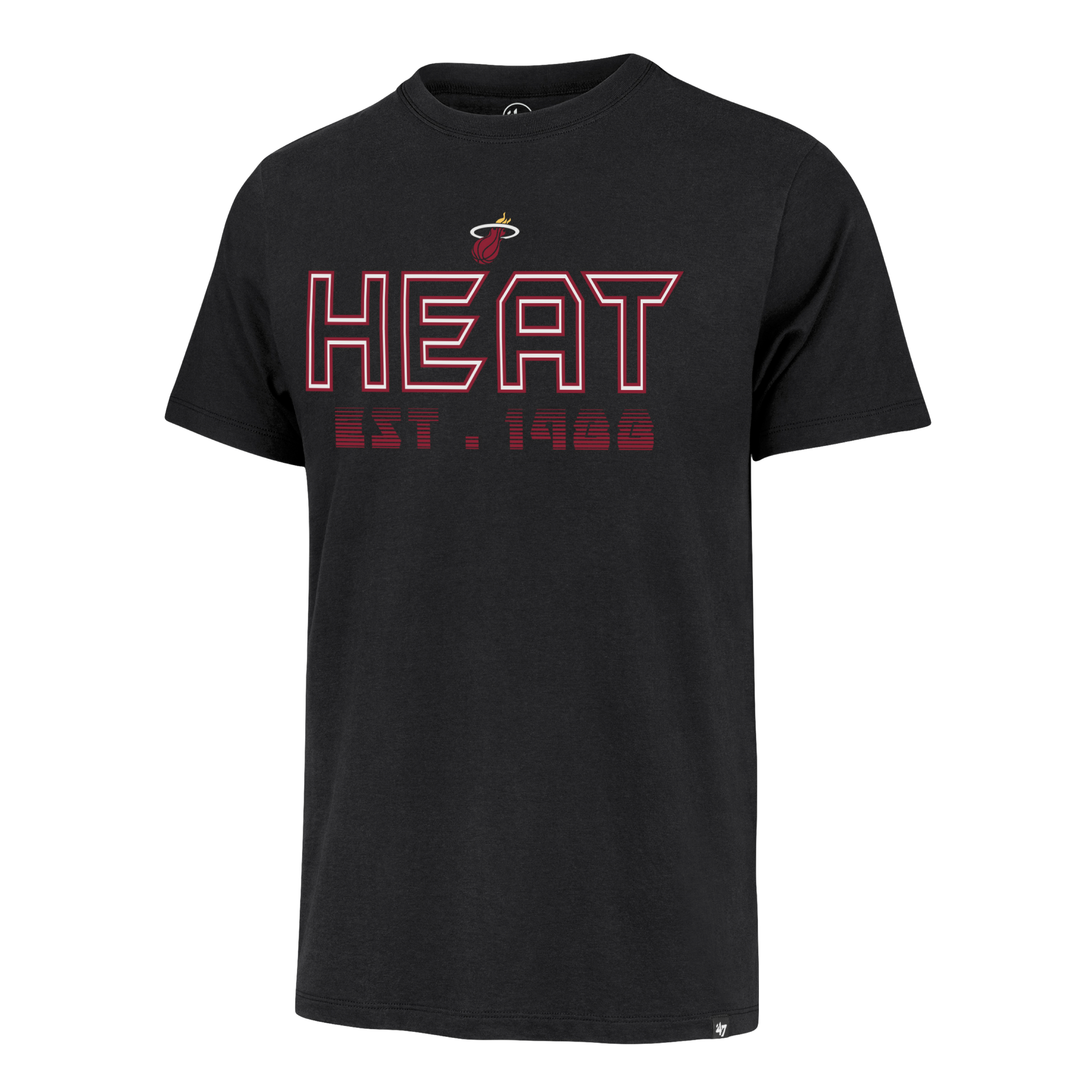 Black short-sleeve Miami HEAT tee with red lettering and team logo on chest. - '47 Brand Miami HEAT Byline Franklin Tee