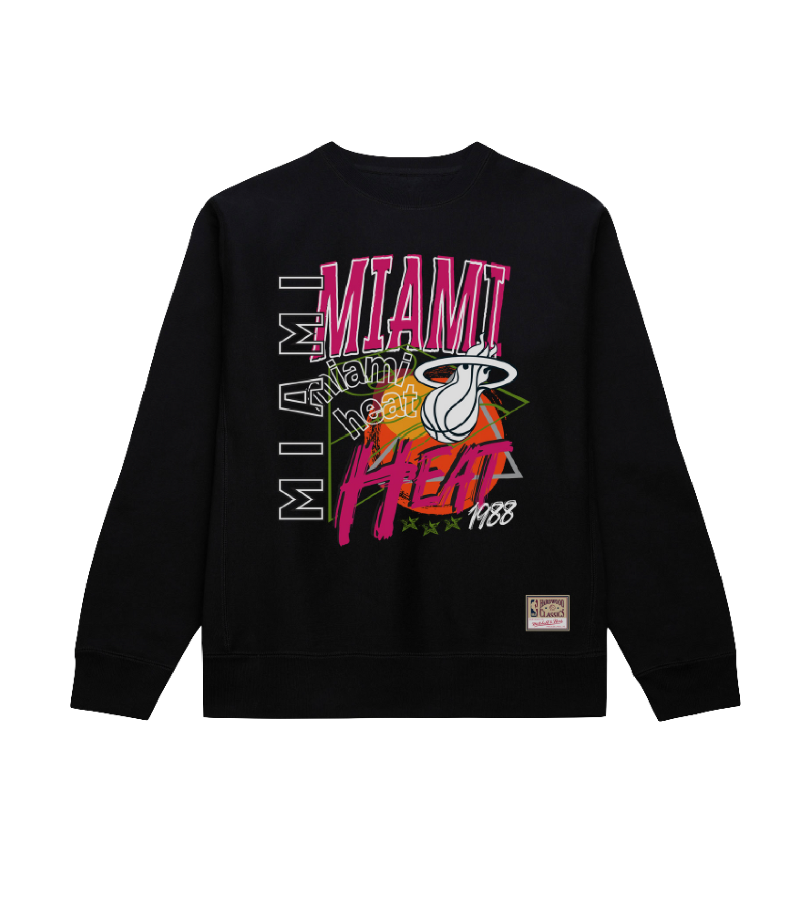 The Mitchell & Ness Miami HEAT Original Vice Nights Crewneck is a black standard-fit sweatshirt with colorful, overlapping Miami Heat text, the team logo, and 