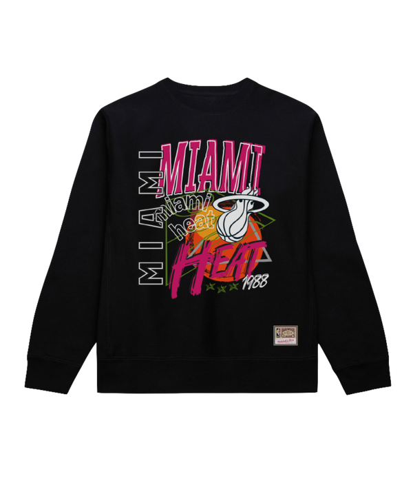 The Mitchell & Ness Miami HEAT Original Vice Nights Crewneck is a black standard-fit sweatshirt with colorful, overlapping Miami Heat text, the team logo, and 