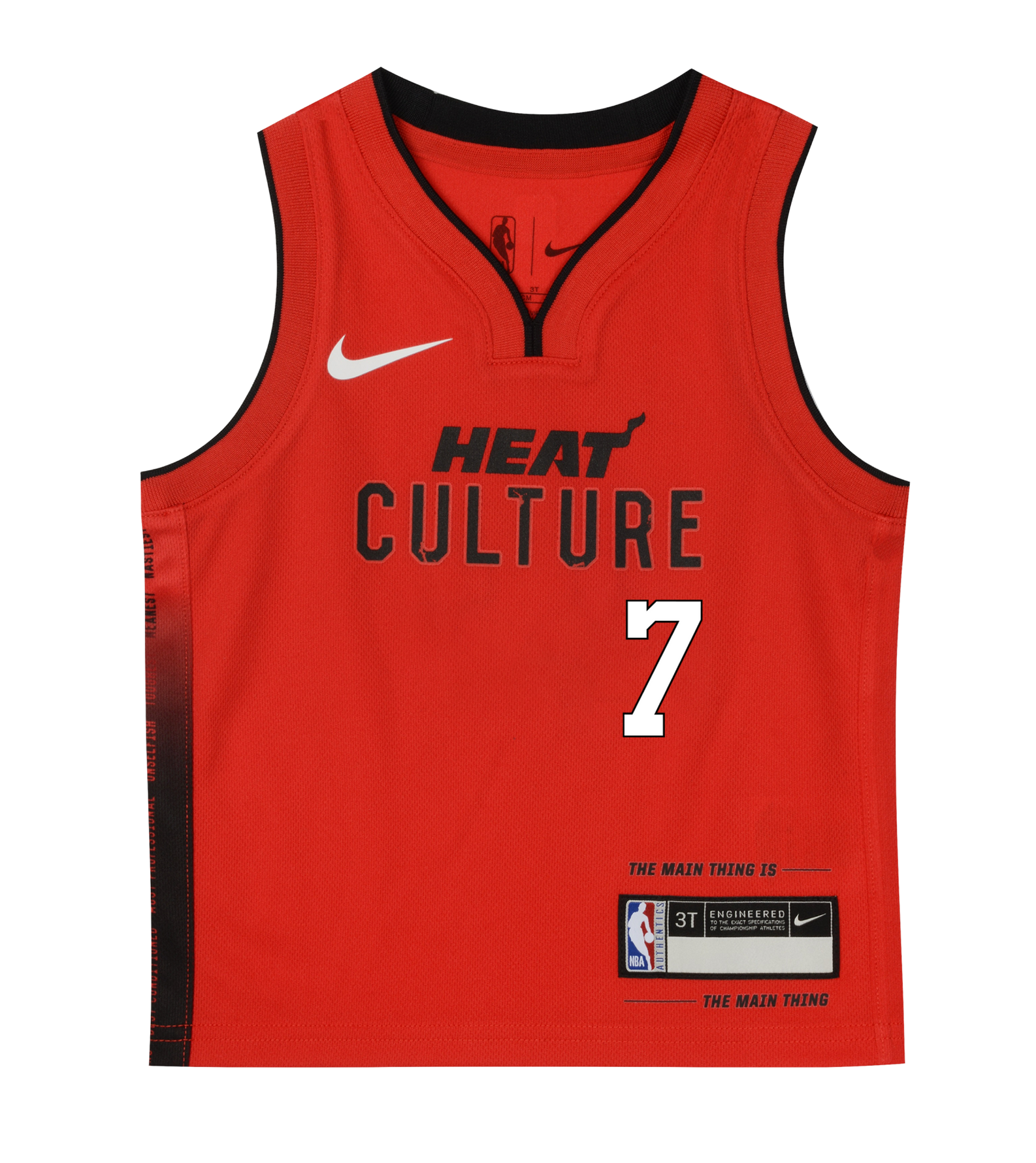 The Giannis Antetokounmpo Nike HEAT Culture: Blood Red Kids Replica Jersey by Nike features bold black trim, the number 7 in white, HEAT CULTURE text, official Nike and NBA logos, and a special patch reading THE MAIN THING IS THE MAIN THING—an iconic representation of the HEAT Culture uniform inspired by Pat Riley’s leadership.